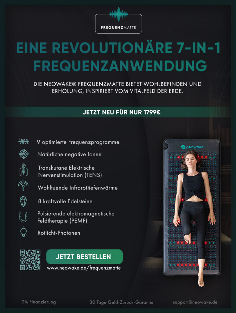 Die neowake®Frequenzmatte besteht aus 16 multifunktionalen Schichten, die es ermöglichen 7 ausgewählte Frequenztechnologien miteinander zu kombinieren: Infrarottiefenwärme, TENS, Edelsteinen, Negativen Ionen, Rotlicht-Photonen, PEMF und Frequenzprogrammen.